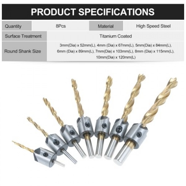 8Pcs Woodworking Chamfer Drilling Tools Set Including 7Pcs Three-Point Countersink Drill Bits + L-wrench High Speed Steel Woodwo