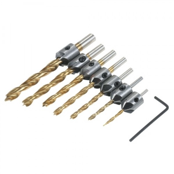 8Pcs Woodworking Chamfer Drilling Tools Set Including 7Pcs Three-Point Countersink Drill Bits + L-wrench High Speed Steel Woodwo