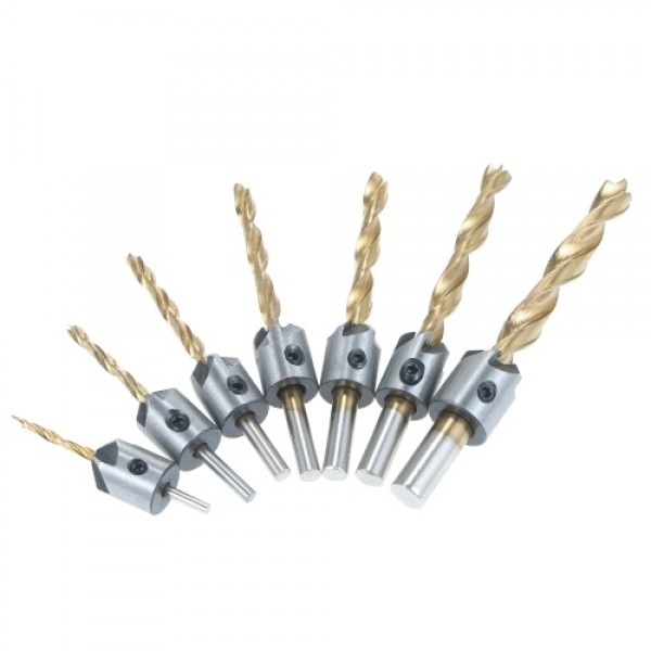 8Pcs Woodworking Chamfer Drilling Tools Set Including 7Pcs Three-Point Countersink Drill Bits + L-wrench High Speed Steel Woodwo