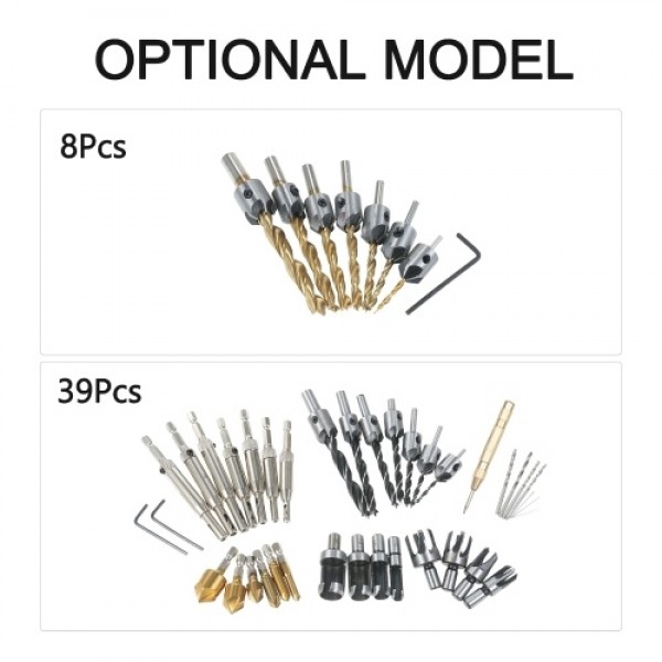 8Pcs Woodworking Chamfer Drilling Tools Set Including 7Pcs Three-Point Countersink Drill Bits + L-wrench High Speed Steel Woodwo