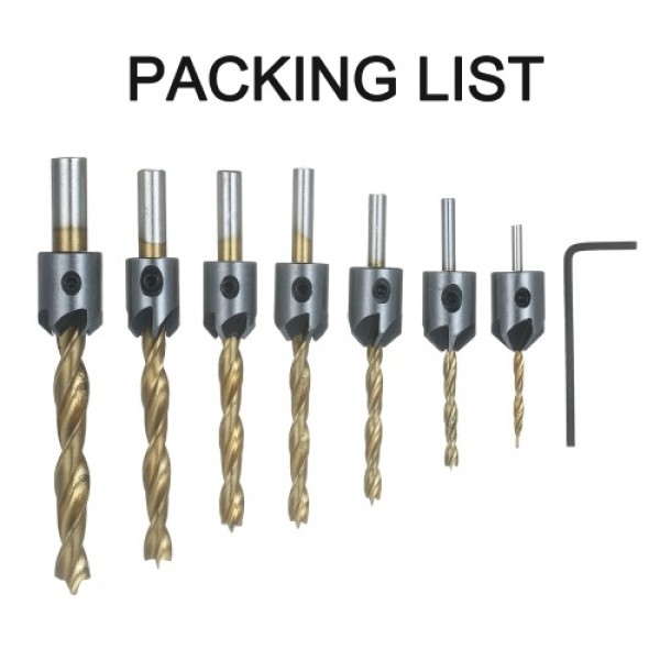 8Pcs Woodworking Chamfer Drilling Tools Set Including 7Pcs Three-Point Countersink Drill Bits + L-wrench High Speed Steel Woodwo
