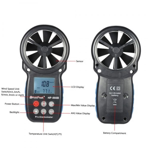 HoldPeak HP-866B Mini LCD Digital Anemometer Wind Speed Air Velocity Temperature Measuring with Backlight