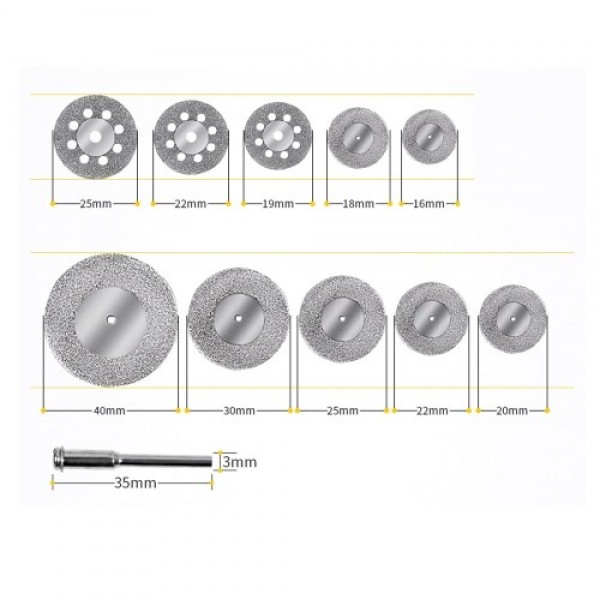 10pcs/set Diamond Cutting Wheels with 3mm Mandrel Diamond Cutting Discs Cut-off Wheel Blades Set Replacement for Dremel Rotary T