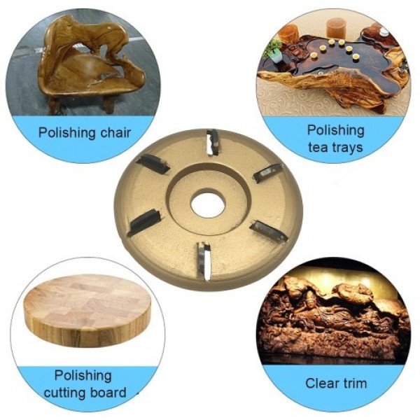 6-Teeth Power Wood Carving Disc Tool Milling Cutter Woodworking Turbo Tea Tray Digging for 16mm Aperture Angle Grinder Gold Arc