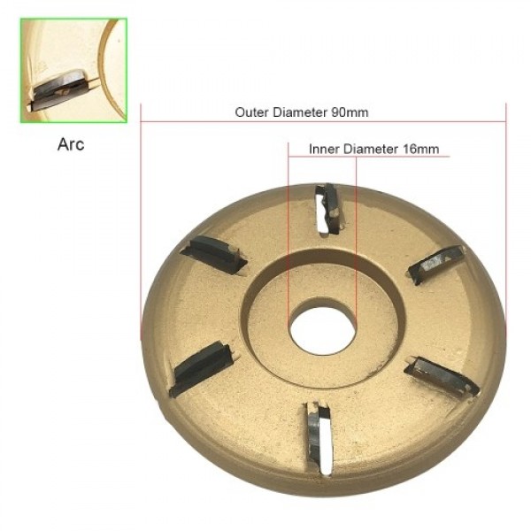 6-Teeth Power Wood Carving Disc Tool Milling Cutter Woodworking Turbo Tea Tray Digging for 16mm Aperture Angle Grinder Gold Arc
