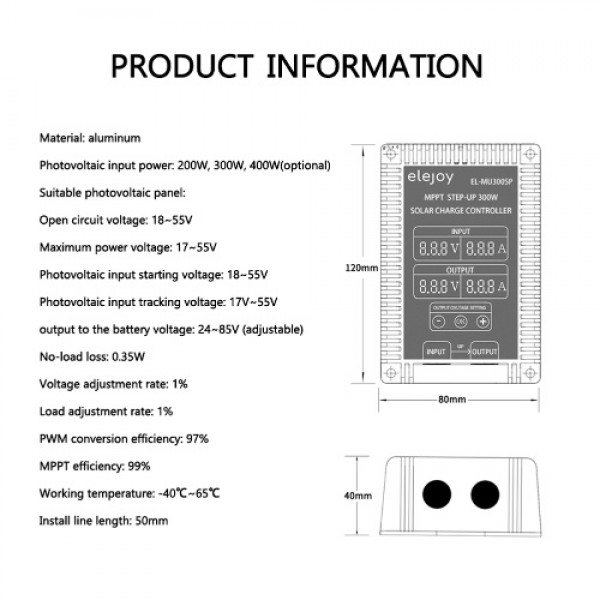 400W Step-up MPPT Real-time Tracking Function LED Display Solar Power Supplys Battery Recharging Controller 24~85V Output Voltag