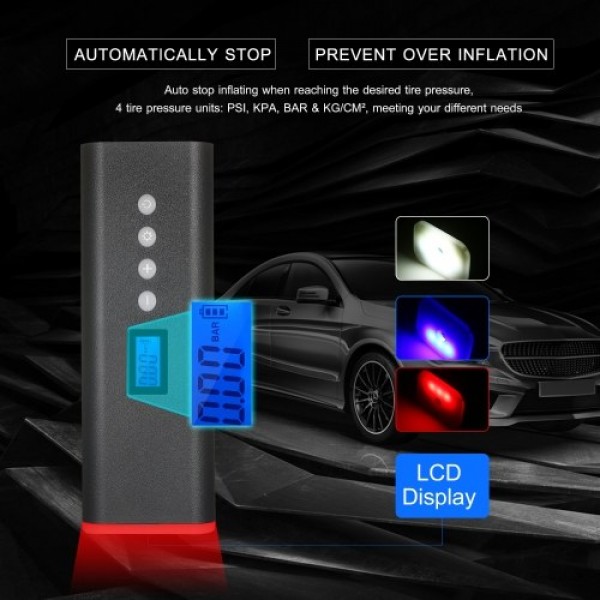 Portable Tire Inflator Air Compressor Hand Held Tire Pump 150PSI 2000mAh LCD Display with LED Light 4 Nozzles For Car Bicycle Ti