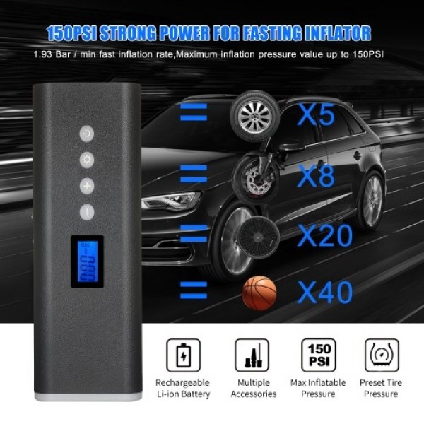 Portable Tire Inflator Air Compressor Hand Held Tire Pump 150PSI 2000mAh LCD Display with LED Light 4 Nozzles For Car Bicycle Ti