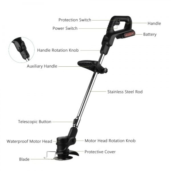 24V Telescopic Handheld Cordless Grass Trimmer Electric Lawn Mower 7500mAh Rechargeable Battery Fast Charger Multi Function Powe