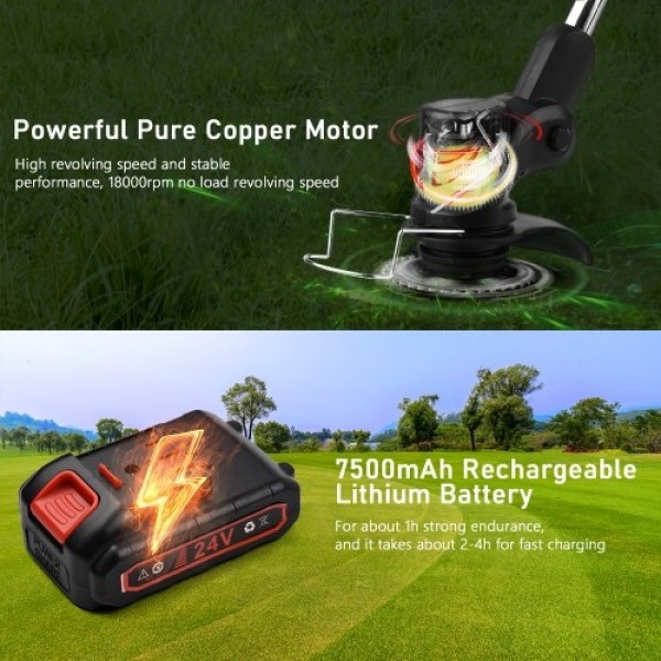 24V Telescopic Handheld Cordless Grass Trimmer Electric Lawn Mower 7500mAh Rechargeable Battery Fast Charger Multi Function Powe