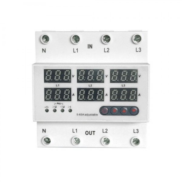 3-Phase Four-wire Din Rail Over and Under Voltage Protector 63A Multifunctional Self-resetting Protectors Overvoltage Protect De