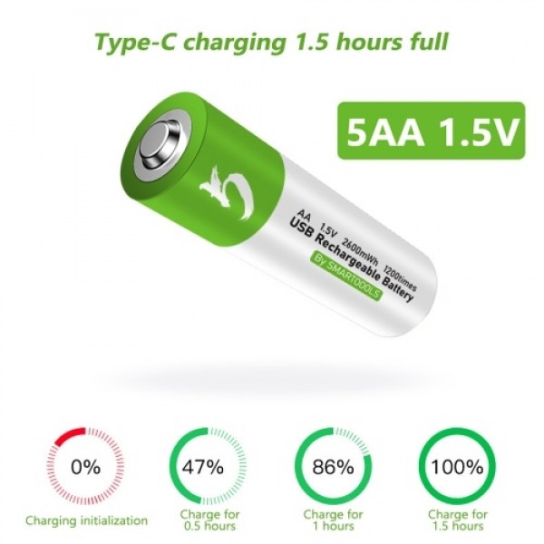 Type-C Port Rechargeable AA Lithium Battery 1.5V Battery 2600mWh High Capacity Constant Voltage Quick Recharge Environmental Fri