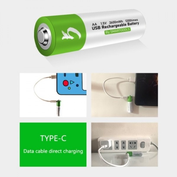 Type-C Port Rechargeable AA Lithium Battery 1.5V Battery 2600mWh High Capacity Constant Voltage Quick Recharge Environmental Fri