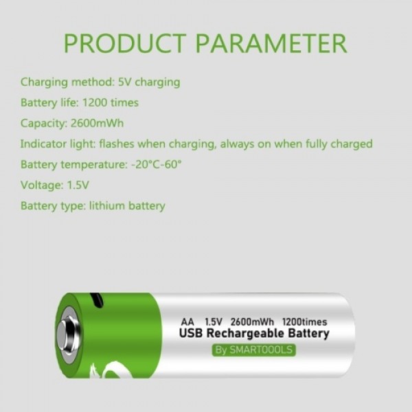 Type-C Port Rechargeable AA Lithium Battery 1.5V Battery 2600mWh High Capacity Constant Voltage Quick Recharge Environmental Fri