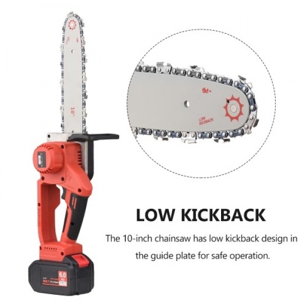 21V Brushless Mini Cordless Chainsaw 10-inch Electric Chain Saw Handheld Pruning Saw 6.0Ah Rechargeable Battery Fast Charger Pow