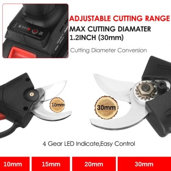 21V Brushless Cordless Electric Pruning Shears Rechargeable 2.0A Lithium Battery Powered Tree Branch Pruner Garden Clippers 30mm