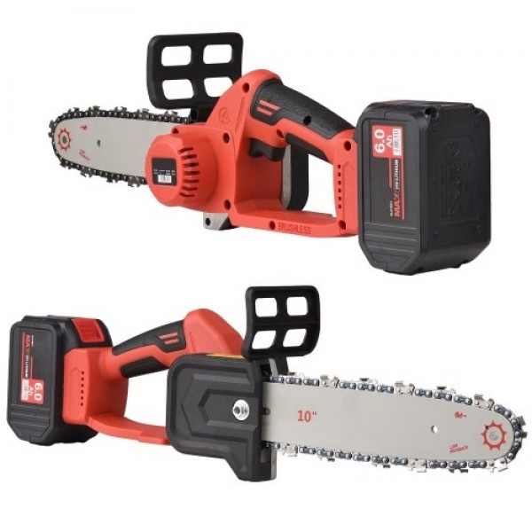 21V Brushless Mini Cordless Chainsaw 10-inch Electric Chain Saw Handheld Pruning Saw 6.0Ah Rechargeable Battery Fast Charger Pow