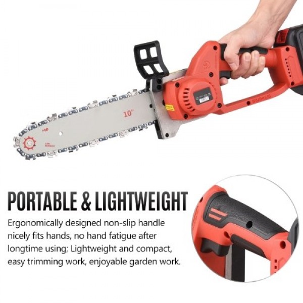 21V Brushless Mini Cordless Chainsaw 10-inch Electric Chain Saw Handheld Pruning Saw 6.0Ah Rechargeable Battery Fast Charger Pow