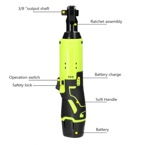 Multifunctional 12.0V Cordless Rechargeable Electric Wrench 3/8 Inch 90° Right Angle Ratchet Wrenches Handheld Driver Power Tool