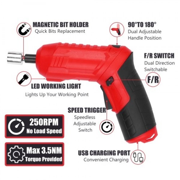 Cordless Screwdriver 47Pcs 3.5Nm Electric Screwdriver Set 3.6V 1800mAh USB Rechargeable Ratchet Wrench Front LED Adjustable 2 Po