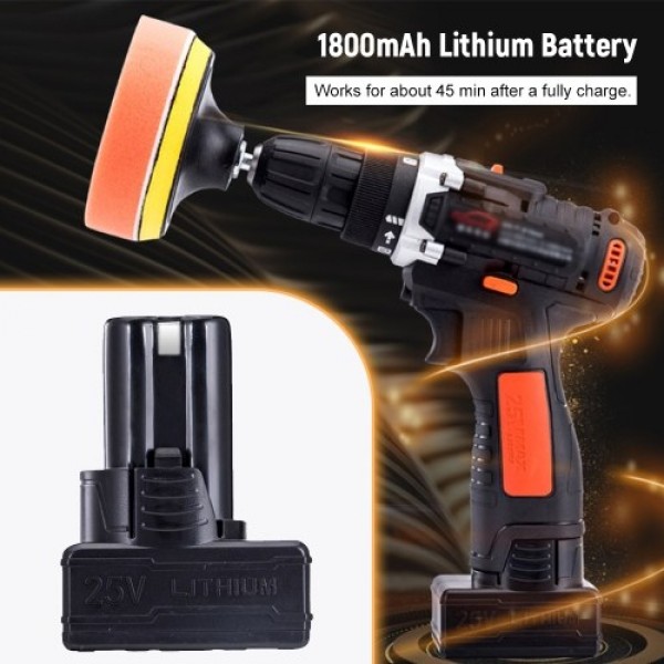 25V Cordless Drill / Driver Kit 1350rpm Variable Speed Polisher Car Buffer Waxer Set Power Screwdriver with Light Rechargeable w