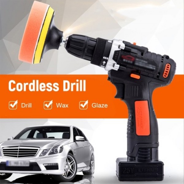 25V Cordless Drill / Driver Kit 1350rpm Variable Speed Polisher Car Buffer Waxer Set Power Screwdriver with Light Rechargeable w
