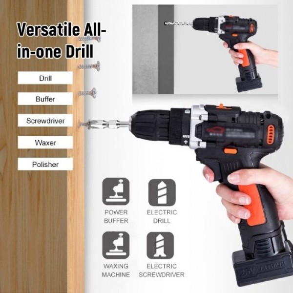 25V Cordless Drill / Driver Kit 1350rpm Variable Speed Polisher Car Buffer Waxer Set Power Screwdriver with Light Rechargeable w