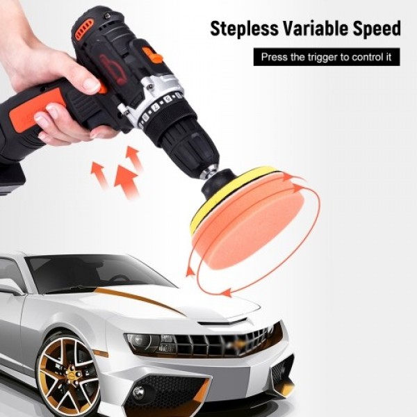 25V Cordless Drill / Driver Kit 1350rpm Variable Speed Polisher Car Buffer Waxer Set Power Screwdriver with Light Rechargeable w