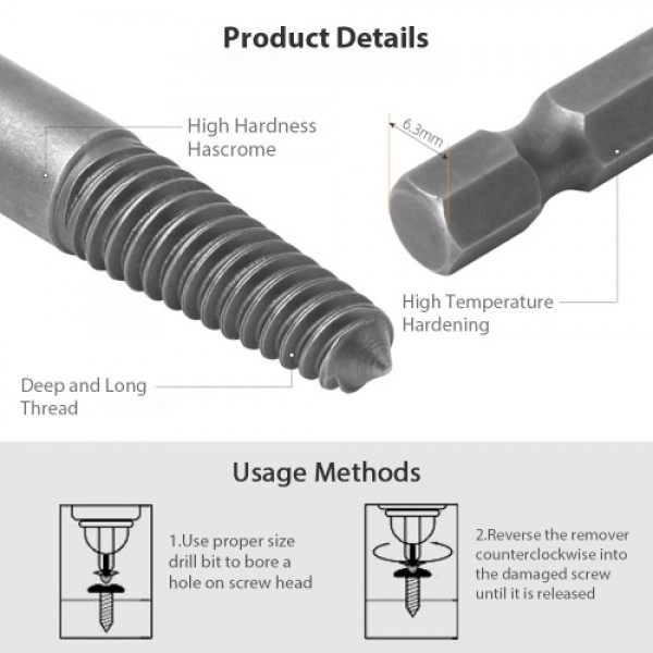 5pcs/set Screw Extractors Broken Screw Extractor Kit Damaged Stripped Screws Remover 1/4 Inch Shank High Hardness Hascrome Mater