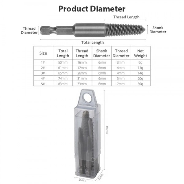 5pcs/set Screw Extractors Broken Screw Extractor Kit Damaged Stripped Screws Remover 1/4 Inch Shank High Hardness Hascrome Mater