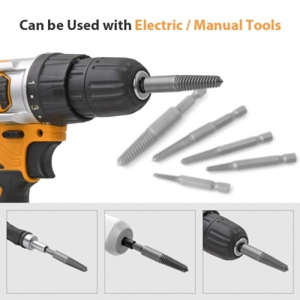 5pcs/set Screw Extractors Broken Screw Extractor Kit Damaged Stripped Screws Remover 1/4 Inch Shank High Hardness Hascrome Mater