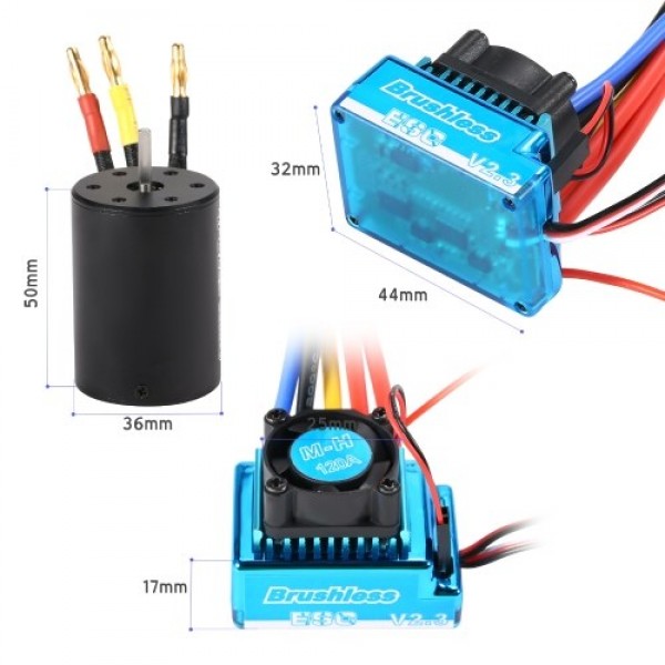 3650 4300KV Waterproof Brushless Motor with 120A Brushless ESC with 5.8V/3A BEC Set for 1/10 RC Car