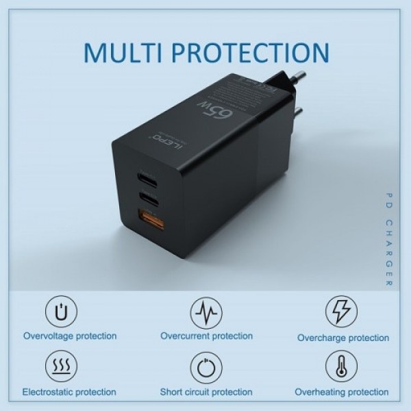 USB C Charger 65W 3-Port PD Charger Type C Fast Charger Adapter Power Delivery USB Wall Charger Compatible with USB C Laptops Sa