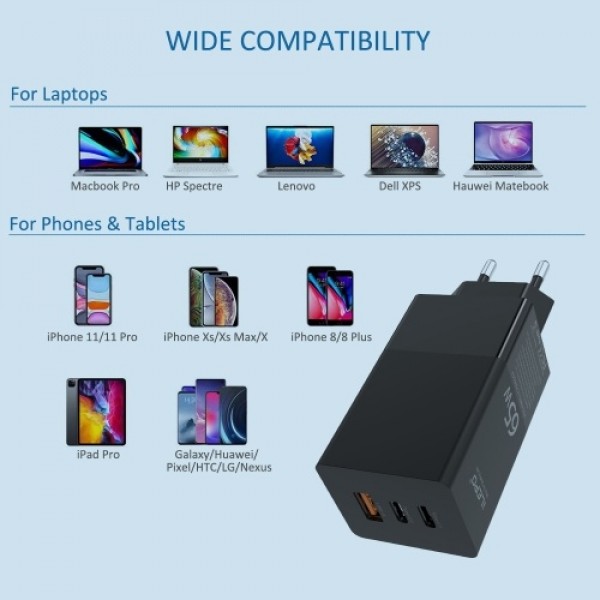 USB C Charger 65W 3-Port PD Charger Type C Fast Ch...