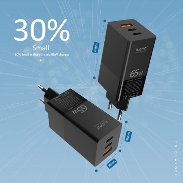 USB C Charger 65W 3-Port PD Charger Type C Fast Charger Adapter Power Delivery USB Wall Charger Compatible with USB C Laptops Sa