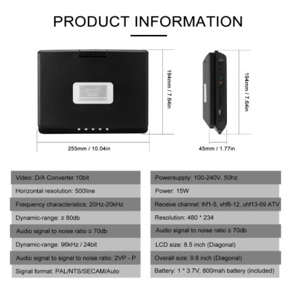 9.8inch High Denifition TV DVD Player Portable VCD MP3 MPEG Viewer with Game Handle and Compact Disc