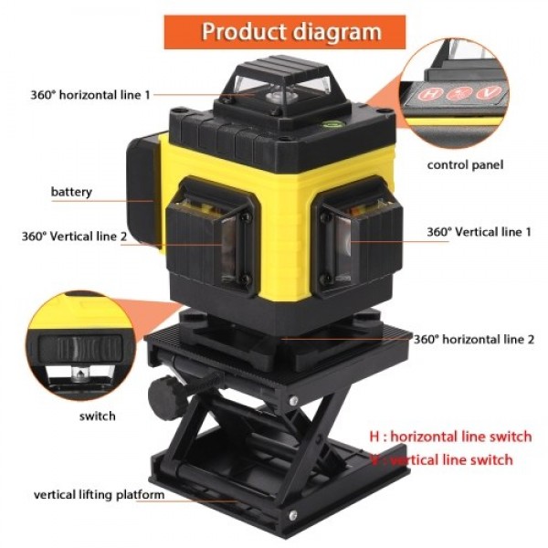 Multifunctional 16 Lines Laser Level Tool Vertical Horizontal Lines with 3° Self-leveling Function