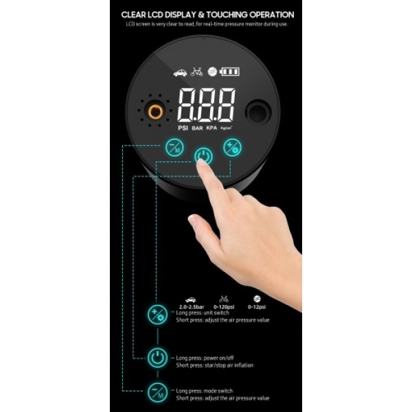 Portable Air Pump USB Rechargeable Cordless Air Compressor Air Inflator 2000mAh LED Light LCD Display for Vehicle Tires Balls Sw