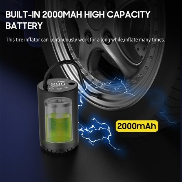 Portable Air Pump USB Rechargeable Cordless Air Compressor Air Inflator 2000mAh LED Light LCD Display for Vehicle Tires Balls Sw