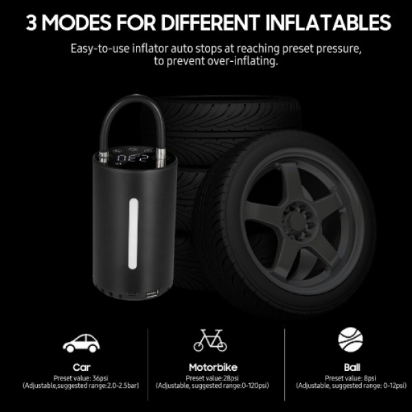 Portable Air Pump USB Rechargeable Cordless Air Compressor Air Inflator 2000mAh LED Light LCD Display for Vehicle Tires Balls Sw