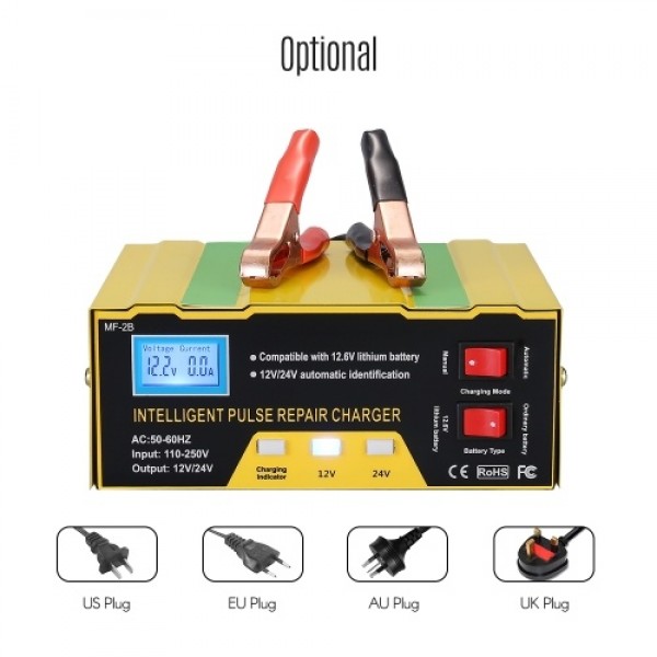 12V/24V Battery Charger Intelligent Pulse Repair Type Charger with Digital Display for Car Cell Motorcycle Battery US Plug