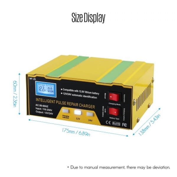 12V/24V Battery Charger Intelligent Pulse Repair Type Charger with Digital Display for Car Cell Motorcycle Battery US Plug