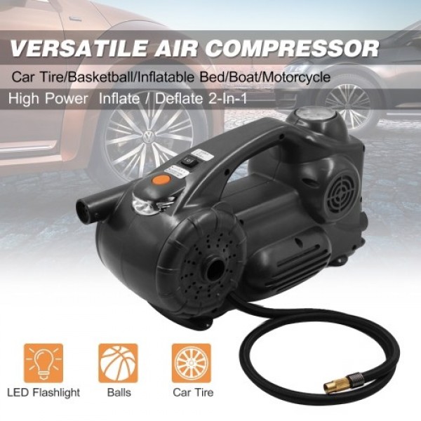 Portable Air Compressor Tire Inflator DC 12V 120PSI Electric Pump with Analog Pressure Gauge LED Light for Car Tires Motorcycle 