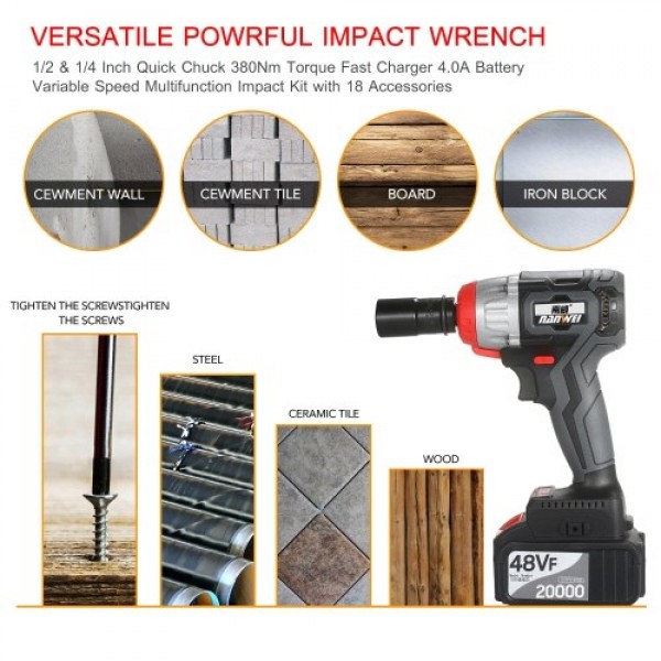 NANWEI Cordless Impact Wrench Kit Brushless Drill 1/2 &amp; 1/4 Inch Quick Chuck 380Nm Torque Fast Charger 4.0A Battery Variable