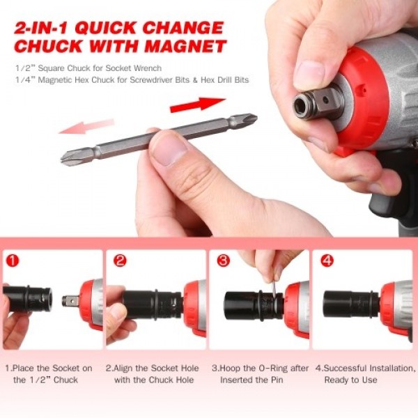NANWEI Cordless Impact Wrench Kit Brushless Drill 1/2 &amp; 1/4 Inch Quick Chuck 380Nm Torque Fast Charger 4.0A Battery Variable