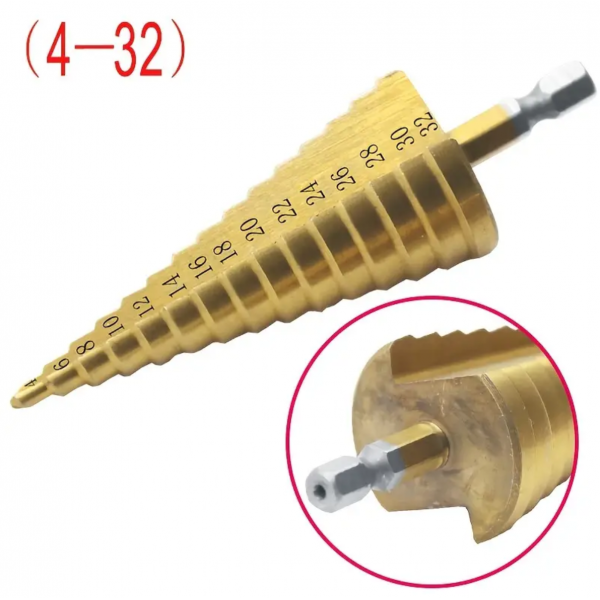 1pc 4-12/20/32mm HSS Titanium Coated Step Drill Bit, Drilling Power Tool, Metal High Speed Steel Wood Hole Cutter, Step Cone Drill Bit