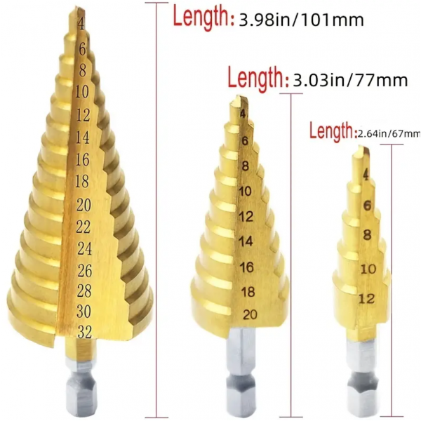 1pc 4-12/20/32mm HSS Titanium Coated Step Drill Bit, Drilling Power Tool, Metal High Speed Steel Wood Hole Cutter, Step Cone Drill Bit