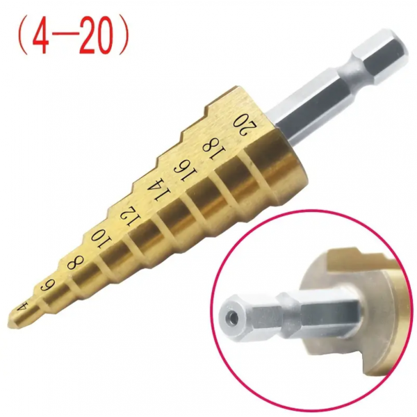 1pc 4-12/20/32mm HSS Titanium Coated Step Drill Bit, Drilling Power Tool, Metal High Speed Steel Wood Hole Cutter, Step Cone Drill Bit