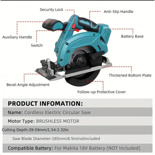 1 Set 20V Brushless 165mm Cricular Saw Without Battery/charger/disc, Multi-Angle Cutting Suitable For Makita 18v Battery